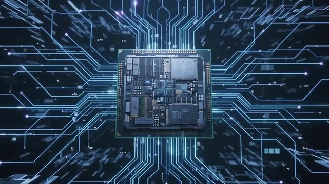 Futuristic CPU processor on motherboard, digital circuit board with glowing blue data lines, high speed computer hardware and artificial intelligence concept