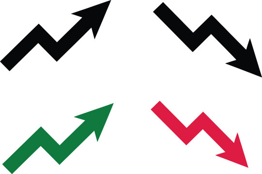 Uptrend, and downtrend arrow icon, zigzag arrows representing rising and falling trends for financial markets, investment analysis, sales performance, and business statistics.