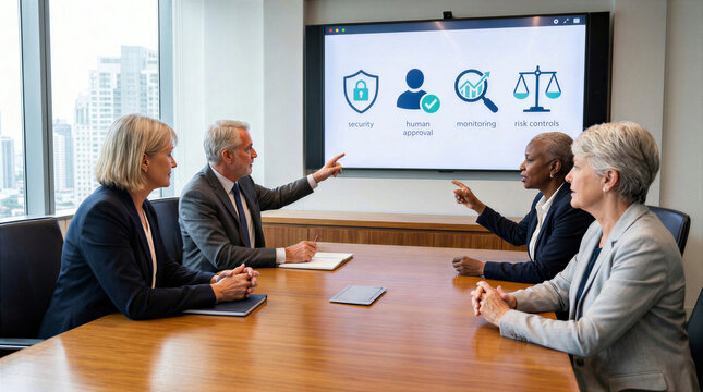 Corporate executive team discussing AI governance, risk management, and compliance during a boardroom meeting, pointing at a presentation screen in a modern office.