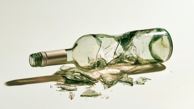 Broken transparent glass wine bottle shattered on white surface casting sharp fragmented shadows with metallic cap visible