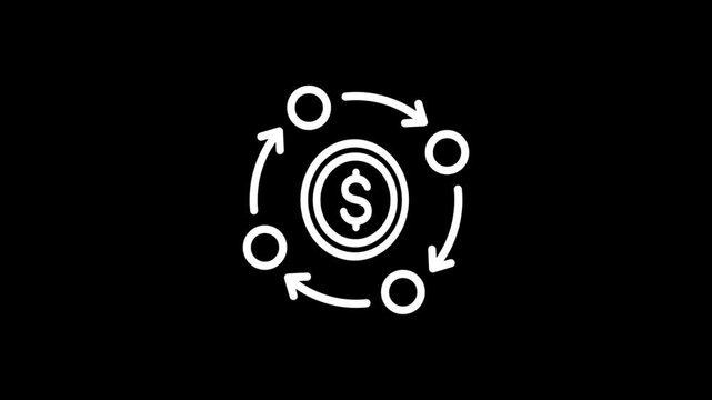 White line icon of a dollar coin with circular arrows representing financial flow on black background