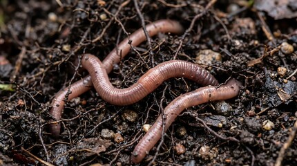 Fototapeta premium A macro extreme close-up view of earthworms crawling through dark, rich soil intertwined with fine plant roots, representing themes of agriculture, organic farming, soil health, and natural ecosystems