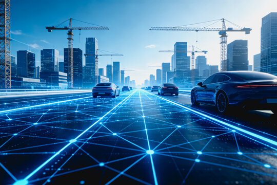 A futuristic smart city road features autonomous vehicles and a glowing digital network, with ongoing construction in the background.