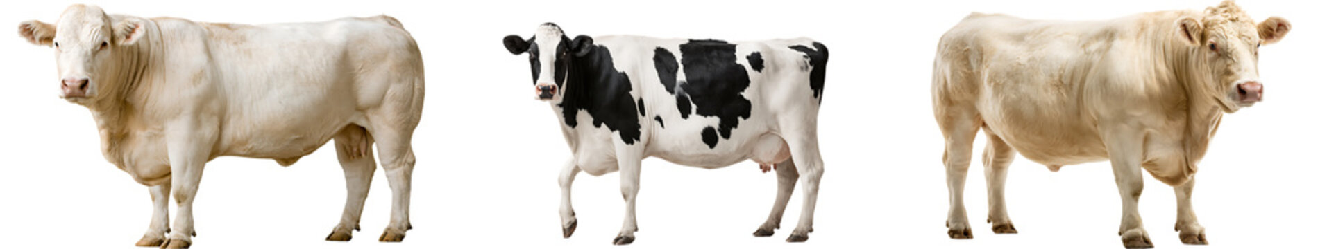 Three cows, one black and white and two white, isolated on transparent background