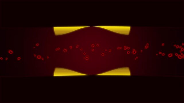 Red blood cells flowing through clogged artery with yellow cholesterol plaque deposits.