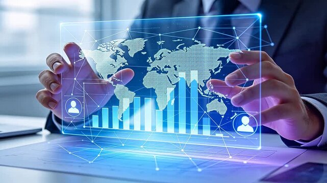 Businessman controlling holographic projection with world map and charts