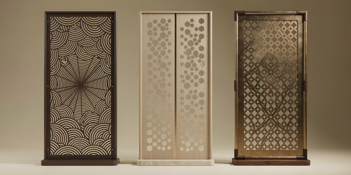 Three decorative room dividers with intricate laser cut patterns in wood and metal