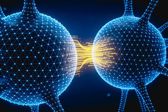 A conceptual digital illustration showing two neurons transmitting electrical signals across a synaptic gap, representing neural communication.