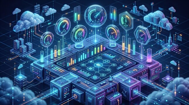 Futuristic digital data center infrastructure with glowing holographic gauges, server racks, and cloud computing network connectivity in a hightech isometric visualization