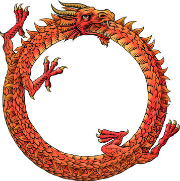 An Ouroboros or Uroboros circle dragon eating its tail circular symbol in a vintage woodcut etching style.