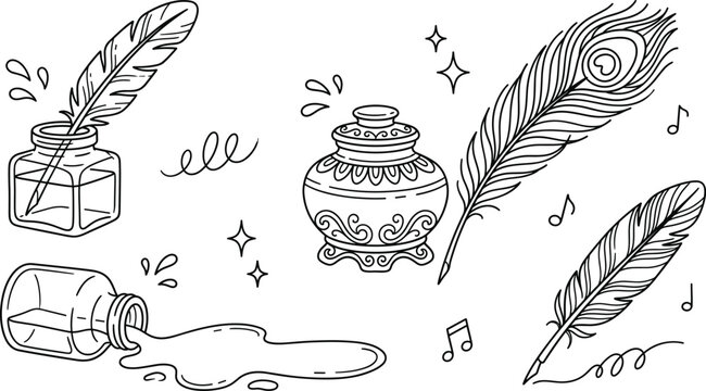 Vintage quill feather pen and inkwell set with spilled ink bottle in a hand drawn doodle vector style
