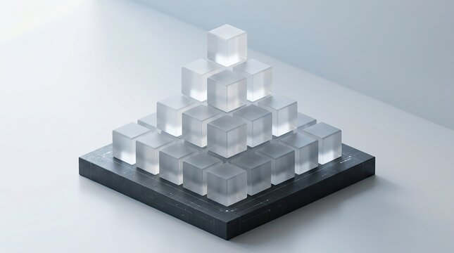 A pyramid structure made of translucent frosted glass cubes arranged on a dark textured square base against a clean light background