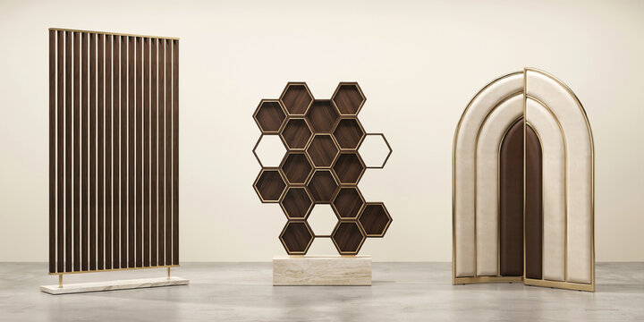 Three freestanding room dividers featuring vertical wood slats, hexagonal shelving, and