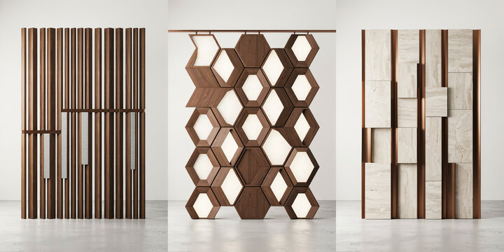 Three decorative room dividers featuring vertical wooden slats, hexagonal patterns, and