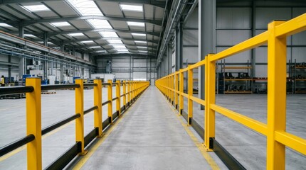 Obraz premium Yellow safety barrier walkway inside a large modern industrial warehouse building