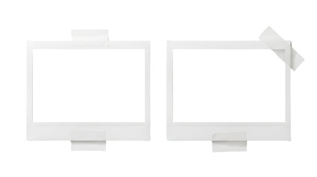 Two blank photo frames with adhesive tape isolated on transparent background