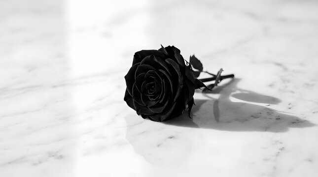 Single black rose lying on a white marble surface with soft shadows