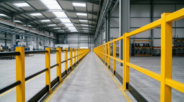 Yellow safety barrier walkway inside a large modern industrial warehouse building