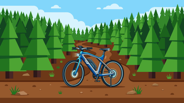 Mountain e-bike parked on a forest trail path