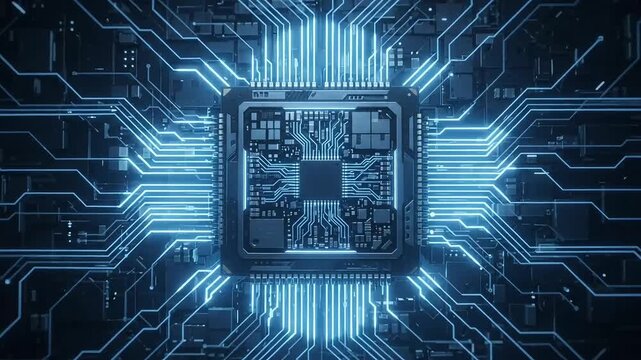 Glowing blue computer processor on circuit board zooming in slowly
