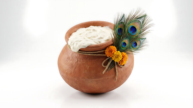 Traditional clay dahi handi pot filled with white yogurt and decorative floral garnish on neutral background