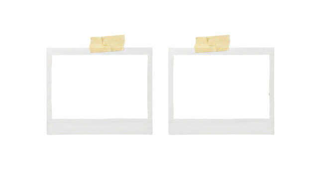 Two blank polaroid photo frames with adhesive tape isolated on transparent background