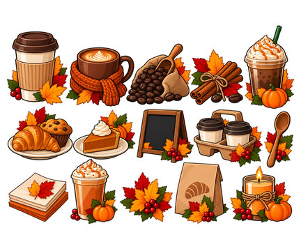 Thanksgiving autumn cafe collection featuring coffee cups, pumpkin drinks, pastries and seasonal vector decor