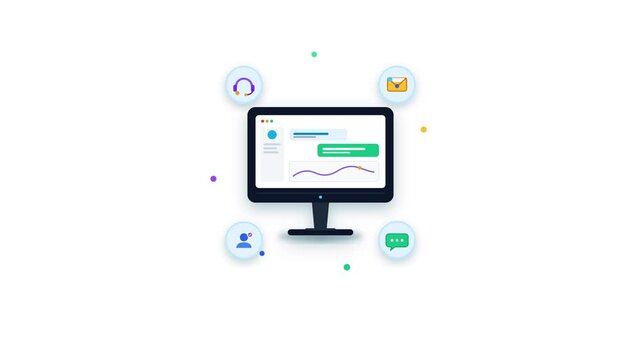 Flat design computer monitor showing data dashboard with support icons