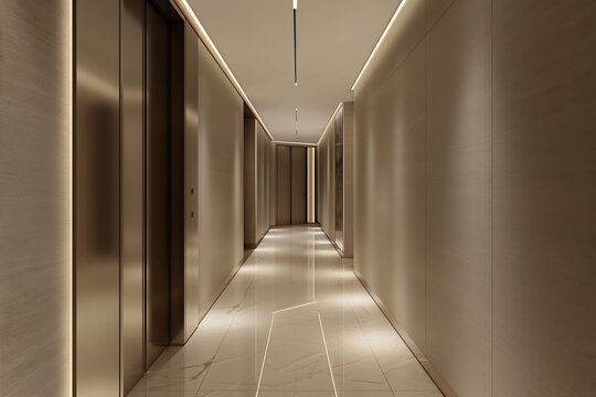 Modern luxury hotel corridor with polished marble floor and accent lighting