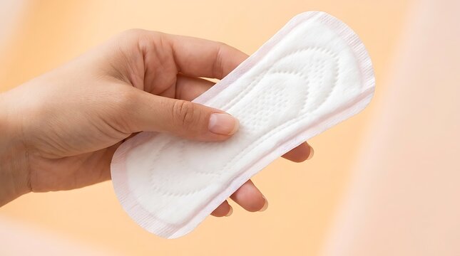 A person holding a clean white sanitary pad against a soft peach background for feminine hygiene concepts