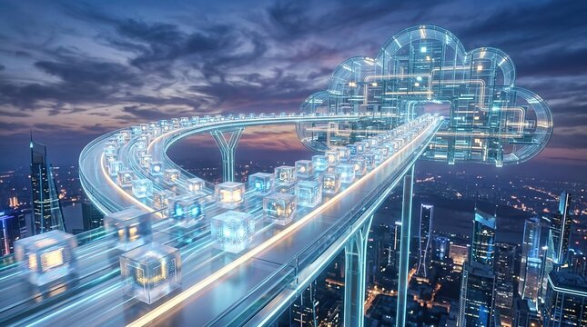 Futuristic digital cloud computing infrastructure with glowing data blocks moving along a hightech bridge above a modern city skyline at sunset