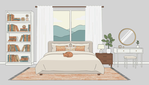 Cozy bedroom interior features a sleeping cat on bed, large bookshelf, makeup vanity, and scenic window view.