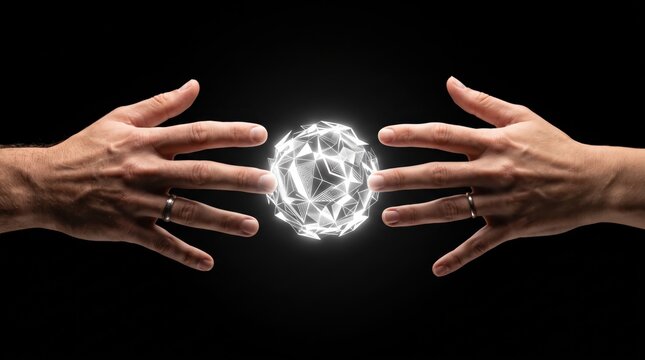 Two hands reaching towards a glowing geometric wireframe sphere floating in the center against a stark black background, symbolizing global connection and digital unity.