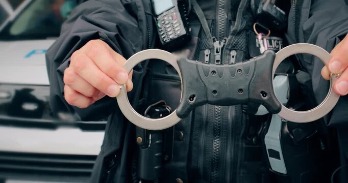 Police officer presents handcuffs to conduct arrest.