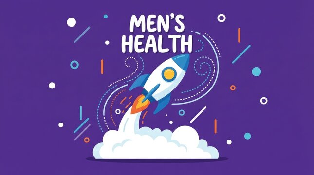 Mens health concept illustration with a rocket launching into space, symbolizing vitality and progress, flat vector design on a purple background international mens day
