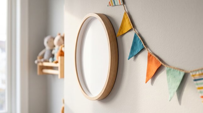 Empty round wooden frame hanging on nursery wall with colorful bunting flags and soft toys in background, cozy children room interior design, mockup template for baby photos