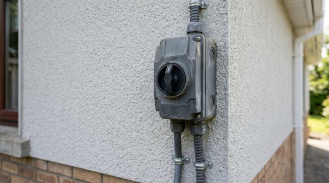 Weatherproof electrical safety disconnect switch mounted on exterior wall