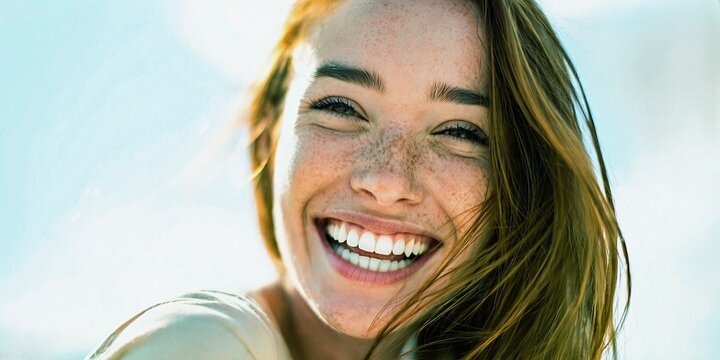 Close up face radiant young woman with natural freckles, long hair showing a joyful genuine smile while glowing in soft golden sunlight during a bright and beautiful summer outdoor portrait session