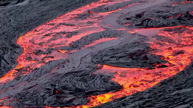 Molten lava flows slowly down a volcanic slope creating intricate patterns