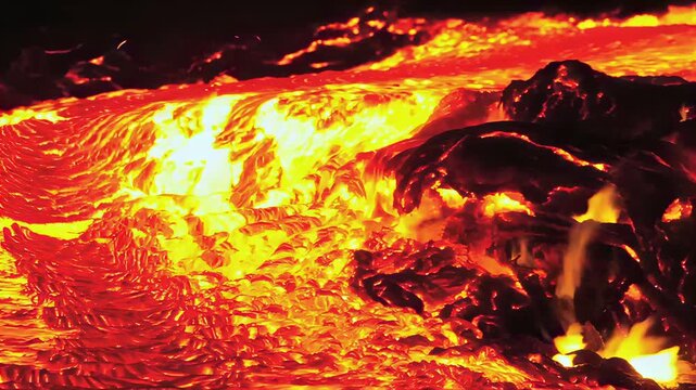 Molten lava flowing and bubbling with intense heat and light