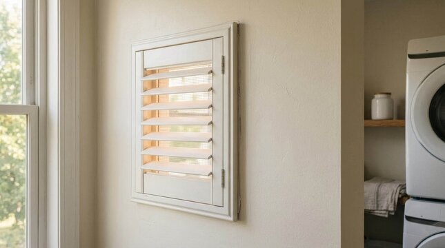 White wooden plantation shutter mounted on interior wall with laundry room view