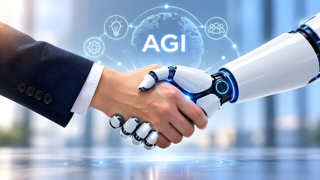 Human and robot shaking hands with glowing AGI artificial general intelligence hologram showing future tech collaboration