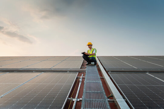 Worker crouches on solar panel array