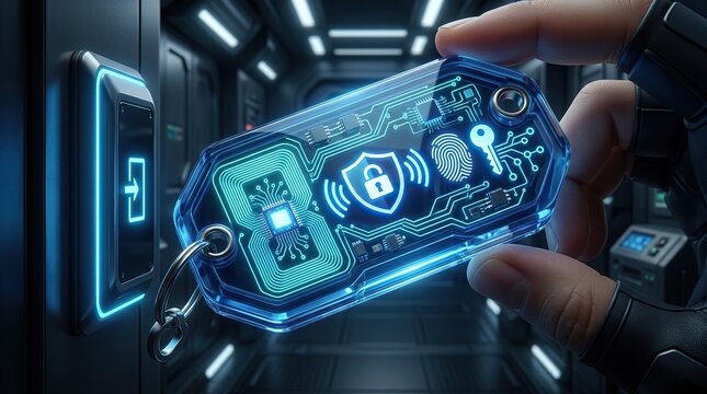Futuristic digital security key fob held in hand, featuring glowing circuit board patterns, biometric fingerprint icon, and padlock symbol for advanced access control technology