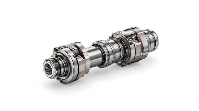 Industrial steel machine spindle isolated on white background. Precision engineering component for manufacturing and automotive machinery maintenance.