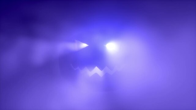 Glowing Halloween jack-o-lantern face in Purple fog with falling autumn leaves silhouettes. Spooky pumpkin glow atmospheric horror holiday background. Seamless loop 3d rendering animation.
