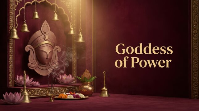 Rich red traditional hindu temple altar with goddess durga bas relief, hanging bells, incense and marigold flowers.