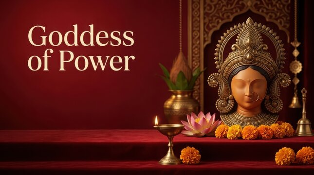 Red background setting with a goddess durga murti, traditional lamp, lotus flower and marigold garlands for festival.