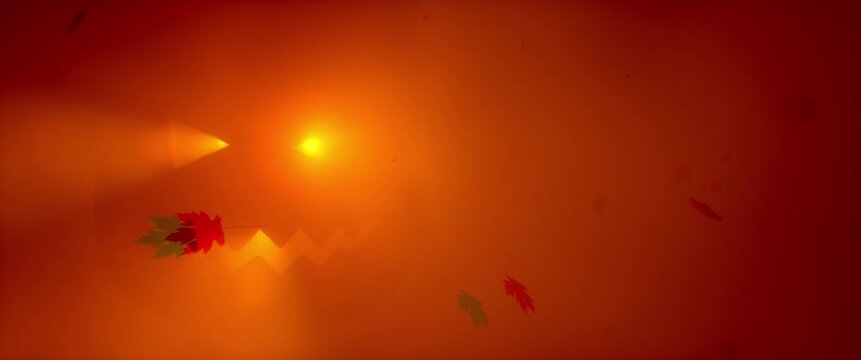 Glowing Halloween jack-o-lantern face in orange red fog with falling autumn leaves silhouettes. Spooky pumpkin glow atmospheric horror holiday background. Seamless loop 3d rendering animation.