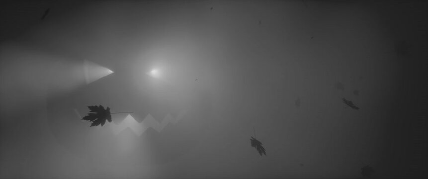 Glowing Halloween jack-o-lantern face in grey fog with falling autumn leaves silhouettes. Spooky pumpkin glow atmospheric horror holiday background. Seamless loop 3d rendering animation.
